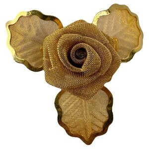 Vintage Gold Tone Mesh Rose Flower Brooch Three Leaf Pin 2" EUC